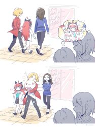  2others 3girls alternate_costume animal_ear_headphones animal_ears bang_dream! belt black_hair black_pants blonde_hair blue_eyes cat_ear_headphones closed_eyes earphones fake_animal_ears hands_in_pockets happy headphones highres imagining jacket long_hair looking_at_another multiple_girls multiple_others outdoors pants red_hair red_jacket sato_masuki shoes shop short_hair size_difference stuffed_animal stuffed_toy tamade_chiyu umaa42 unicorn wakana_rei walking white_jacket 