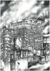  building distillation_column factory highres industrial_pipe kizuna_angel lineart no_humans original railing scenery stairs steel_beam truss ventilation_shaft 
