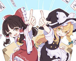  2girls :d apron ascot ballot_box black_hat black_skirt black_vest blonde_hair bow braid brown_eyes brown_hair collared_shirt commentary_request detached_sleeves frilled_bow frilled_hair_tubes frills green_bow grin hair_bow hair_tubes hakurei_reimu hat hat_bow highres index_finger_raised kame_(kamepan44231) kirisame_marisa long_hair long_sleeves looking_at_viewer multiple_girls puffy_short_sleeves puffy_sleeves red_bow ribbon-trimmed_sleeves ribbon_trim shirt short_sleeves side_braid single_braid sitting skirt skirt_set smile teeth touhou upper_teeth_only very_long_hair vest waist_apron white_apron white_bow white_shirt white_sleeves wide_sleeves witch_hat yellow_ascot 
