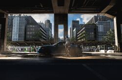  1girl absurdres animal_ear_fluff animal_ears antennae arknights bird black_hair black_pantyhose black_shirt blue_car blue_sky brown_eyes building bush cable car city cityscape clouds cloudy_sky coat day escalator fur-trimmed_hood fur-trimmed_jacket fur-trimmed_sleeves fur_trim glass gloves hair_between_eyes halftone highres hood id_card industrial_pipe jacket lit_for_20 long_hair long_sleeves motor_vehicle multicolored_hair official_alternate_costume open_clothes outdoors overpass pantyhose perspective porsche profile puddle railroad_signal railroad_tracks red_gloves red_hair reflection reflective_water road satellite scenery shade shadow shirt shoes short_shorts shorts shoulder_strap sign sky skyscraper solo spoiler_(automobile) standing tail texas_(arknights) texas_(winter_messenger)_(arknights) train trash_can tree water white_jacket white_shoes wide_shot window winter_clothes winter_coat wolf_ears wolf_girl wolf_tail 