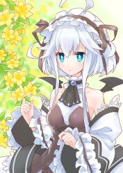  1girl ahoge android bare_shoulders black_hairband black_necktie black_ribbon blue_eyes bodice choker detached_sleeves dress emil_chronicle_online flower frilled_choker frilled_hairband frilled_sleeves frills hair_ribbon hairband mitama_aria necktie ribbon sleeveless sleeveless_dress upper_body white_dress white_hair white_sleeves yusa_yuyu 