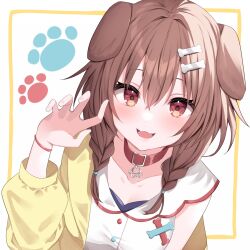  1girl animal_collar animal_ears arm_at_side belt_collar bone_hair_ornament border braid braided_twintails breasts brown_eyes brown_hair claw_pose collar commentary dog_ears double-parted_bangs dress fangs hair_between_eyes hair_ornament hairclip hand_up highres hololive inugami_korone inugami_korone_(1st_costume) jacket long_hair looking_at_viewer low_twin_braids low_twintails maruru_(marurupan) medium_breasts off_shoulder open_clothes open_jacket open_mouth outside_border parallel_hairclips paw_print paw_print_background red_collar short_dress single_bare_shoulder skin_fangs sleeveless sleeveless_dress smile solo twin_braids twintails virtual_youtuber wristband yellow_border yellow_jacket 
