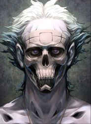  1boy absurdres balding bone colored_skin exposed_bone grey_skin highres jaian jewelry looking_at_viewer necklace nozomanu_fushi_no_boukensha official_art rentt_faina scar scar_on_face scar_on_forehead short_hair simple_background solo teeth topless_male undead upper_body very_short_hair violet_eyes zombie 
