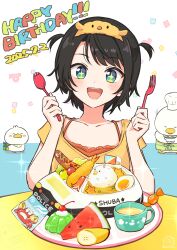  +_+ 1girl :d aqua_eyes black_hair blue_eyes blush bra bra_peek dated elbows_on_table food fork hachikuma_(waddle-d) hairband happy_birthday highres holding holding_fork holding_spork hololive looking_at_food looking_at_viewer loungewear no_jacket official_alternate_costume official_alternate_hairstyle oozora_subaru oozora_subaru_(loungewear) open_mouth orange_bra shirt short_hair short_sleeves shrimp shrimp_tempura smile spork suba_tomo_(oozora_subaru) swept_bangs tempura two_side_up underwear virtual_youtuber yellow_hairband yellow_shirt 
