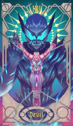 2boys armor black_armor blue_armor blue_eyes bodysuit card_(medium) chain demon demon_boy giganticbrush gloves hair_slicked_back highres kamen_rider kamen_rider_revi kamen_rider_revice male_focus mask mouth_mask multiple_boys pink_armor pointy_ears red_eyes revice_driver rex_genome rider_belt sharp_teeth short_hair spirit tarot tarot_(medium) teeth the_devil_(tarot) tokusatsu tyrannosaurus_rex upper_body vice_(kamen_rider_revice) vistamp white_hair