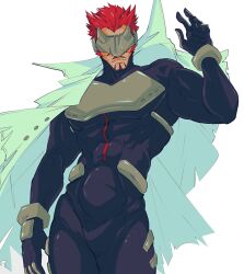  1boy black_bodysuit black_gloves bodysuit closed_mouth coat coat_on_shoulders covered_eyes digimon digimon_(creature) facial_hair gankoomon gloves karina_farek male_focus mustache pencil_mustache red_hair short_hair simple_background visor_(armor) white_coat 