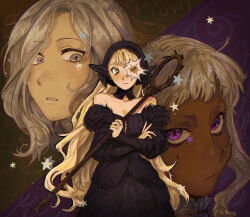  1girl 2boys ambrosia_(dungeon_meshi) black_dress blonde_hair collarbone commentary crossed_arms dark-skinned_male dark_skin dress dungeon_meshi elf green_eyes grey_eyes highres holding holding_staff long_hair looking_at_viewer marcille_donato marcille_donato_(lord) mithrun multiple_boys parted_lips pointy_ears spoilers staff star_(symbol) thistle_(dungeon_meshi) violet_eyes white_hair wormontwostrings 