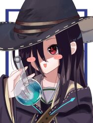  1girl black_hair blush e69465 hair_over_one_eye hat heaven_burns_red long_hair long_sleeves one_eye_covered red_eyes solo tenne_miko very_long_hair witch_hat 