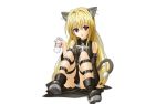  animal_ears arm_support bare_shoulders belt blonde_hair boots bottle buckles cape cat_ears cat_tail catgirl detached_sleeves golden_darkness highres konjiki_no_yami long_hair milk milk_bottle panties red_eyes sitting tail thigh_strap to_love-ru to_love_ru tongue underwear very_long_hair white white_panties 