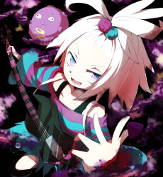  1girl blue_eyes closed_mouth commentary_request eyelashes gas hair_bobbles hair_ornament highres keshigomukun koffing long_sleeves medium_hair open_mouth pokemon pokemon_(creature) pokemon_bw2 roxie_(pokemon) smile striped_clothes teeth topknot wall-eyed white_hair 