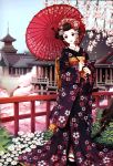 black_hair cherry_blossoms east_asian_architecture flower geisha geta hair_ornament highres japanese_architecture japanese_clothes kimono nardack oriental_umbrella original parasol petals solo umbrella