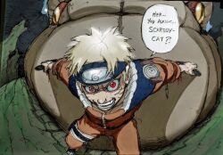  1boy angry blonde_hair furious headband holding holding_kunai holding_weapon kunai male_focus mikeyartbook naruto_(classic) naruto_(series) pov red_eyes sharp_teeth slit_pupils snake spiky_hair teeth uzumaki_naruto weapon 