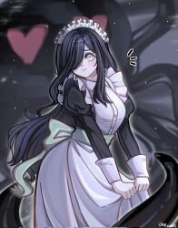  1girl alternate_costume apron aria_wintermint artist_name black_hair black_sleeves closed_mouth commentary cowboy_shot enmaided green_eyes gug hair_over_one_eye heart heart-shaped_eyes highres juliet_sleeves long_hair long_sleeves looking_at_viewer maid maid_apron maid_headdress puffy_sleeves raxu skirt_hold solo_focus tentacles the_crawling_city 