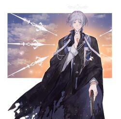  1boy andoain_(arknights) arknights black_cloak black_shirt border cloak commentary cowboy_shot cross flower gradient_sky grey_hair gun halo highres holding holding_flower holding_gun holding_weapon long_sleeves looking_at_viewer male_focus orange_sky purple_sky senjunamako_(hakiaya) shirt short_hair sky solo straight_hair torn_cloak torn_clothes weapon white_flower white_shirt wings 