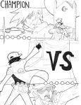  2boys baseball_cap cape crossed_legs fingerless_gloves gloves hat jeans jonathan_kim light_smile monochrome multiple_boys ookido_green pointing poke_ball pokemon pokemon_(game) pokemon_rgby red_(pokemon) shaded_eyes sitting throne 