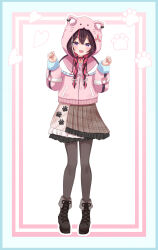  1girl :d absurdres animal_hood azki_(hololive) blue_background blue_border blush boots border brown_boots brown_hair brown_pantyhose brown_skirt cat_hood character_hood chestnut_mouth design_speculation double-parted_bangs fangs fashion fold-over_boots full_body half-skirt heart heart_background highres hololive hood hood_up jacket lace-up_boots layered_skirt long_hair long_sidelocks looking_at_viewer miniskirt mole mole_under_eye multicolored_hair open_mouth pantyhose paw_print paw_print_background pink_border pink_hair pink_jacket pink_sailor_collar pink_streaks pioneer_(azki) sailor_collar sidelocks skin_fangs skirt smile solo takotakochan_1006 two-tone_hair violet_eyes virtual_youtuber w_arms white_background 
