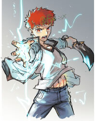  1boy artist_name brown_eyes emiya_shirou fate/stay_night fate_(series) fuyuno_(fyn_xx) holding holding_sword holding_weapon jacket kanshou_&amp;_bakuya_(fate) magic male_focus open_clothes open_jacket red_hair shirt signature solo sword twitter_username weapon white_shirt 