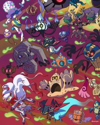 ashionglee blacephalon blue_eyes bramblin chandelure closed_mouth cofagrigus commentary doublade dragapult drakloak dreepy drifloon english_commentary fire ghost_type_theme_(pokemon) giratina giratina_(altered) golett hisuian_zoroark instagram_username on_head open_mouth palossand phantump pokemon pokemon_(creature) pokemon_focus pokemon_on_head rotom rotom_(frost) rotom_(wash) runerigus sableye sharp_teeth smile teeth trevenant violet_eyes will-o'-the-wisp_(mythology) 