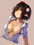  1girl black_hair blush breasts collarbone collared_shirt hair_between_eyes hat large_breasts nuqura open_clothes pointy_ears pom_pom_(clothes) red_eyes shameimaru_aya shirt short_hair short_sleeves shy solo tokin_hat touhou unbuttoned upper_body white_shirt 