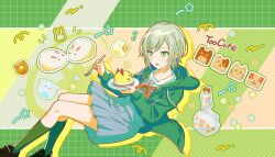  1girl black_shoes blush candy colorful_palette cookie drawstring food fork game_cg green_eyes green_hair green_hoodie green_socks green_theme grey_serafuku grey_shirt grey_skirt grid highres hinomori_shiho holding holding_fork holding_plate hood hoodie jar konpeitou miyamasuzaka_girls'_academy_school_uniform neckerchief official_art open_clothes open_hoodie plate pleated_skirt project_sekai red_neckerchief sailor_collar school_uniform serafuku shirt shoes skirt socks solo star_(symbol) third-party_source tongue white_sailor_collar 