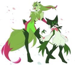  1boy 1other animal_hands body_fur boots cat cat_boy drawfee furry green_fur green_hair holding holding_sword holding_weapon karina_farek meowscarada open_mouth pokemon pokemon_(creature) short_tail smile sprigatito_(karina_farek) sword tail thigh_boots weapon 