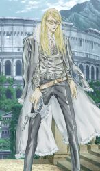  1boy arms_at_sides belt black_coat black_jacket black_pants blonde_hair brown_belt closed_mouth coat coat_on_shoulders collared_shirt commentary_request fate/grand_order fate_(series) feet_out_of_frame fingernails fur-trimmed_coat fur_trim game_cg grey_nails gun holding holding_gun holding_weapon jacket leather leather_jacket long_hair long_sleeves male_focus necktie official_art orange-tinted_eyewear outdoors pants red_necktie shirt sho-u_tajima solo standing sunglasses tezcatlipoca_(fate) tezcatlipoca_(fgo_fes._2025)_(fate) third-party_source tinted_eyewear trigger_discipline weapon white_shirt 