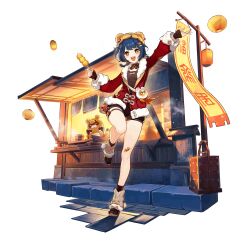  1girl :d absurdres animal_ears animal_hat arm_up awning bamboo_steamer bandaid bandaid_on_leg bear_hat black_shoes black_shorts blue_hair boned_meat box braid brown_hat brown_leg_warmers carrot_hair_ornament counter fake_animal_ears food food-themed_hair_ornament food_request fur-trimmed_jacket fur-trimmed_sleeves fur_trim genshin_impact guoba_(genshin_impact) hair_between_eyes hair_ornament hairclip hand_up hat highres holding holding_food jacket lantern leg_up leg_warmers long_sleeves looking_at_viewer low_twin_braids meat medium_hair noren official_alternate_costume official_art open_mouth paper_lantern pom_pom_(clothes) red_jacket restaurant shelf shoes short_eyebrows short_shorts shorts sign sky_lantern smile solo standing standing_on_one_leg steam stone_floor teeth thick_eyebrows thigh_strap transparent_background twin_braids upper_teeth_only vision_(genshin_impact) xiangling_(genshin_impact) xiangling_(new_year&#039;s_cheer)_(genshin_impact) yellow_eyes 