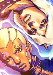  2boys absurdres araki_hirohiko_(style) black_eyes brothers cassock collarbone commentary_request crosshatching dark-skinned_male dark_skin enrico_pucci fur_hat hat hatching_(texture) high_collar highres horned_hat jojo_no_kimyou_na_bouken kaib0y lips male_focus multiple_boys priest robe siblings sidelocks stone_ocean weather_report white_hair 