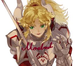  1girl armor blonde_hair character_name fate/apocrypha fate_(series) gauntlets green_eyes holding holding_sword holding_weapon long_hair mordred_(fate) mordred_(fate/apocrypha) mordred_(second_ascension)_(fate) open_mouth ponytail rototo simple_background solo sword upper_body weapon white_background 