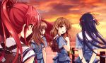  blue_hair blush brown_eyes brown_hair cloud deep_blue_sky_&amp;_pure_white_wings highres koga_sayoko long_hair misaki_kurehito miyamae_tomoka nakano_hinata ponytail red_eyes red_hair school_bag school_uniform seifuku suiheisen_made_nan_mile? sunset tsuyazaki_kokage 