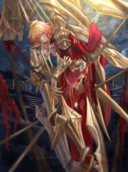  1boy arm_tattoo armlet armor armored_boots black_coat blonde_hair boots braid cape chest_tattoo clawed_gauntlets coat earrings facial_tattoo gold_earrings gold_necklace gradient_hair hair_between_eyes highres holding holding_polearm holding_weapon honkai:_star_rail honkai_(series) jewelry looking_at_viewer male_focus medium_hair multicolored_hair mydei_(honkai:_star_rail) necklace open_clothes open_coat pauldrons polearm red_cape red_hair red_tattoo shoulder_armor side_braid side_cape single_pauldron solo tanemaki_monaka tattoo watermark weapon yellow_eyes 