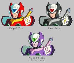  1boy absurdres android armor black_armor black_helmet black_zero_(mega_man) blonde_hair blue_eyes chest_jewel diegodoodles energy_sword evil_smile forehead_jewel green_eyes grey_background grey_hair helmet highres mega_man_(series) mega_man_x_(series) multiple_persona purple_armor purple_helmet red_armor red_eyes red_helmet robot robot_ears shoulder_armor simple_background smile solo sword sword_on_back upper_body weapon weapon_on_back z_saber zero_(mega_man) zero_nightmare_(mega_man) 