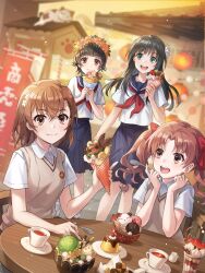  4girls :d asymmetrical_bangs black_hair blue_sailor_collar blue_skirt blurry blurry_background bow brown_eyes brown_hair brown_sweater_vest cat collared_shirt crepe cup flower food hair_bow hair_flower hair_ornament hairpin head_wreath holding holding_crepe holding_food holding_spoon ice_cream ice_cream_crepe long_hair looking_at_viewer misaka_mikoto multiple_girls neckerchief official_art outdoors parfait pleated_skirt ragnador red_bow red_neckerchief sailor_collar sakugawa_school_uniform saten_ruiko school_emblem school_uniform serafuku shirai_kuroko shirt short_hair short_sleeves skirt smile spoon strawberry_parfait summer_uniform sweater_vest teacup toaru_kagaku_no_railgun toaru_majutsu_no_index tokiwadai_school_uniform twintails uiharu_kazari v-neck white_shirt 