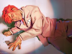  1boy absurdres aircraft airplane card commentary cowboy_shot drop_shadow english_commentary getting_up head_tilt highres looking_at_viewer lying male_focus markkrpg narrowed_eyes necktie on_ground on_side red_hair red_necktie seong_gi-hun shirt short_hair solo spotlight squid_game suit white_shirt yellow_suit 