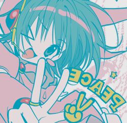  >_o 1girl aqua_eyes aqua_hair blush_stickers headset highres jewelry looking_at_viewer mirrored_text one_eye_closed open_mouth original pepeppepe101 ring single_blush_sticker smile solo star_(symbol) w 