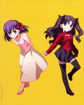  00s 2girls black_hair chibi fate/stay_night fate_(series) matou_sakura ribbon skirt takeuchi_takashi thigh-highs tohsaka_rin type_moon violet_hair yellow_background 