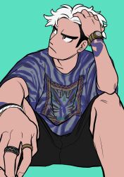  1boy alternate_costume arm_tattoo black_eyes black_shorts bright_pupils closed_mouth commentary elizabeth_(tomas21) green_background guzma_(pokemon) hand_up highres jewelry looking_to_the_side male_focus pokemon pokemon_sm print_shirt ring shirt shorts simple_background sitting solo tattoo watch watch white_hair 