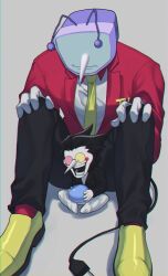  2boys ant_tenna antennae between_legs black_hair black_jacket black_pants circle_facial_mark collared_shirt crt deltarune electric_plug electric_plug_tail eyes_visible_through_eyewear full_body gloves hands_on_own_knees hashtag-only_commentary heterochromatic_eyewear highres jacket long_nose male_focus multiple_boys necktie object_head pants pipis_(deltarune) pointy_nose red_jacket red_socks shiberagi shirt shoes short_hair smile socks spamton_g._spamton tail teeth tinted_eyewear white_gloves white_pants white_shirt yellow_necktie yellow_shoes 