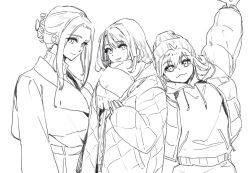  3girls :3 arm_up beanie claw_hair_clip closed_mouth coat curly_hair final_fantasy final_fantasy_viii hair_between_eyes hair_ornament hairclip hat highres hood hood_down hoodie long_hair looking_at_viewer multiple_girls nini_tw99 parted_lips quilted_coat quistis_trepe rinoa_heartilly scarf selphie_tilmitt short_hair sketch smile straight_hair updo upper_body white_background winter_clothes winter_coat 