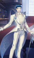  1boy :d blue_hair boutonniere bow bowtie cane commentary_request dress_pants dress_shirt fate/grand_order fate_(series) feet_out_of_frame formal_clothes game_cg gloves green_eyes holding holding_cane indoors jacket lapels long_sleeves looking_at_viewer male_focus official_art open_mouth outstretched_arm pants peaked_lapels sherlock_holmes_(celebratory_attire)_(fate) sherlock_holmes_(fate) shirt short_hair smile solo standing suit suit_jacket tailcoat teeth third-party_source traditional_bowtie white_bow white_bowtie white_gloves white_jacket white_pants white_shirt white_suit wingtip_collar yamanaka_kotetsu 