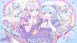  2girls aqua_hair artist_request blonde_hair blue_eyes blush_stickers bow braid candy chibi crown_braid double_bun dress fishnet_thighhighs fishnets food frilled_dress frills hair_bow hair_bun heart high_heels highres hirose_miina koga_aoi long_hair low_twintails multicolored_dress multiple_girls natalya_(shine_post) official_art open_mouth orange_eyes shine_post short_sleeves sparkle thigh-highs twintails very_long_hair winged_unicorn 