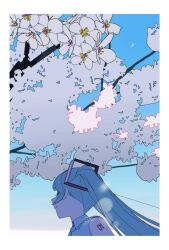  1girl bare_shoulders blue_hair blue_sky blue_theme blurry bokeh border closed_mouth collared_shirt commentary dappled_sunlight dawn depth_of_field facing_away flower flower_request from_side gradient_sky grey_sky hatsune_miku highres light_smile ligne_claire limited_palette long_hair necktie number_tattoo outdoors pale_color profile shirt shoulder_tattoo sidelocks sky sleeveless sleeveless_shirt solo sunlight swept_bangs symbol-only_commentary tattoo tree twintails upper_body very_long_hair vocaloid white_border white_flower white_shirt white_sky white_theme wide_shot womiriguramu 