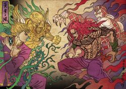  4boys blonde_hair chien_chih_kang clenched_hand diavolo giorno_giovanna gold_experience highres jacket jojo_no_kimyou_na_bouken king_crimson_(stand) long_hair medium_hair multiple_boys muscular muscular_male pants parody plant purple_jacket purple_pants red_hair style_parody topless_male vento_aureo vines 
