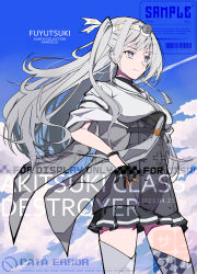  1girl absurdres black_gloves black_skirt breasts checkered_thighhighs commission corset fuyutsuki_(kancolle) gloves grey_hair grey_necktie hachimaki hands_on_own_chest headband headgear highres kantai_collection large_breasts long_hair miniskirt necktie overlord_m pleated_skirt sailor_collar school_uniform serafuku side_ponytail skirt solo violet_eyes white_sailor_collar white_serafuku 