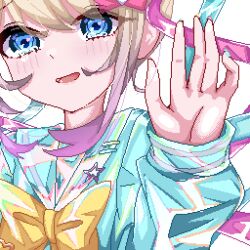  1girl \||/ absurdres black_background blonde_hair blue_eyes blue_hair blue_serafuku blush chest_bow chouzetsusaikawa_tenshi-chan close-up colored_tips crying crying_with_eyes_open gaosuhuancun hand_up hashtag-only_commentary highres holographic_clothing iridescent looking_at_viewer multicolored_hair multicolored_nails needy_girl_overdose open_mouth pink_hair pixel_art quad_tails school_uniform serafuku simple_background solo tears 
