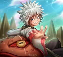  1boy aged_down artist_name black_eyes black_pants english_commentary facial_mark gamabunta_(naruto) hair_between_eyes jiraiya_(naruto) long_sleeves looking_at_viewer male_focus naruto_(series) naruto_shippuuden pants reizdrawing shirt smile spiky_hair toad_(animal) white_hair white_shirt wide_sleeves 