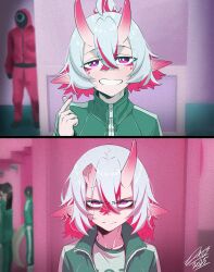  1girl absurdres angry before_and_after bright_pupils broken_horn closed_mouth colored_inner_hair commentary crossed_bangs docileart english_commentary finger_heart green_jacket hair_between_eyes hand_up highres horns jacket looking_at_viewer meme multicolored_hair open_clothes open_jacket original pink_horns pointy_ears scar scar_on_face short_hair signature skin-covered_horns smile solo straight-on violet_eyes white_hair white_pupils year_1_&amp;_year_2_(squid_game)_(meme) zipper zipper_pull_tab 
