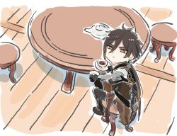  1boy brown_hair cup genshin_impact highres holding holding_cup long_hair low_ponytail male_focus multicolored_hair orange_eyes orange_hair ponytail stool table teacup teapot two-tone_hair xinzoruo zhongli_(genshin_impact) 