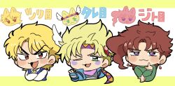  3boys :3 animalization battle_tendency blonde_hair blush_stickers caesar_anthonio_zeppeli cat chibi crossed_arms dio_brando earrings facial_mark fingerless_gloves gloves green_eyes headband highres jacket jewelry jojo_no_kimyou_na_bouken jojo_pose kakyoin_noriaki kakyoin_noriaki's_pose_(jojo) long_sleeves male_focus mole mole_on_ear motu705 multiple_boys necktie one_eye_closed open_mouth phantom_blood red_eyes red_hair scarf short_hair smile stardust_crusaders translation_request triangle triangle_facial_mark v-shaped_eyebrows vest violet_eyes winged_headwear 