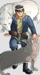  1boy absurdres animal bag belt black_hair black_hat closed_mouth fingernails full_body golden_kamuy hat highres long_sleeves looking_at_viewer male_focus mature_male military_uniform petting satchel short_hair simple_background smile solo sugimoto_saichi wolf yellow_eyes yofu_(0042_2400) 